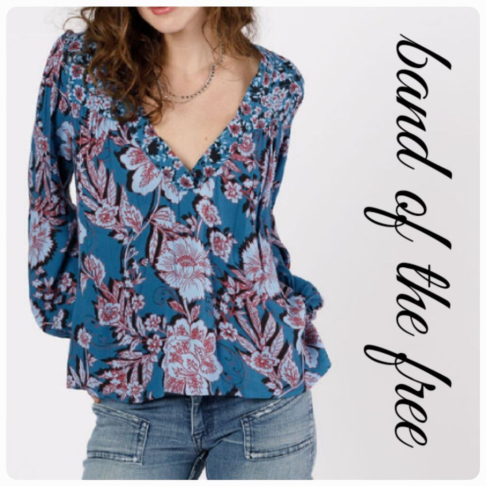 NWT B.O.G. Band of the Free Josie Mixed Print Long Sleeve Top Sz L [12] Sapphire